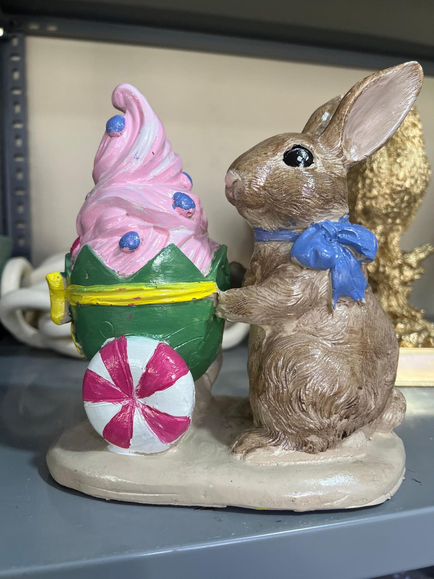 Rabbit Holding Ice Cream Cart Figurine, Whimsical Bunny Ice Cream Vendor, Bunny Vendor Figurine, Rabbit Themed Decoration, Rabbit Decor