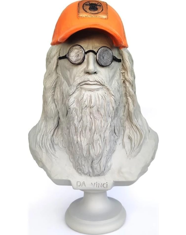 Statua moderna di busto di Da Vinci con berretto e occhiali, Statua di busto di Da Vinci, Busto di Da Vinci, Testa di Da Vinci in poliestere, Scultura di Da Vinci