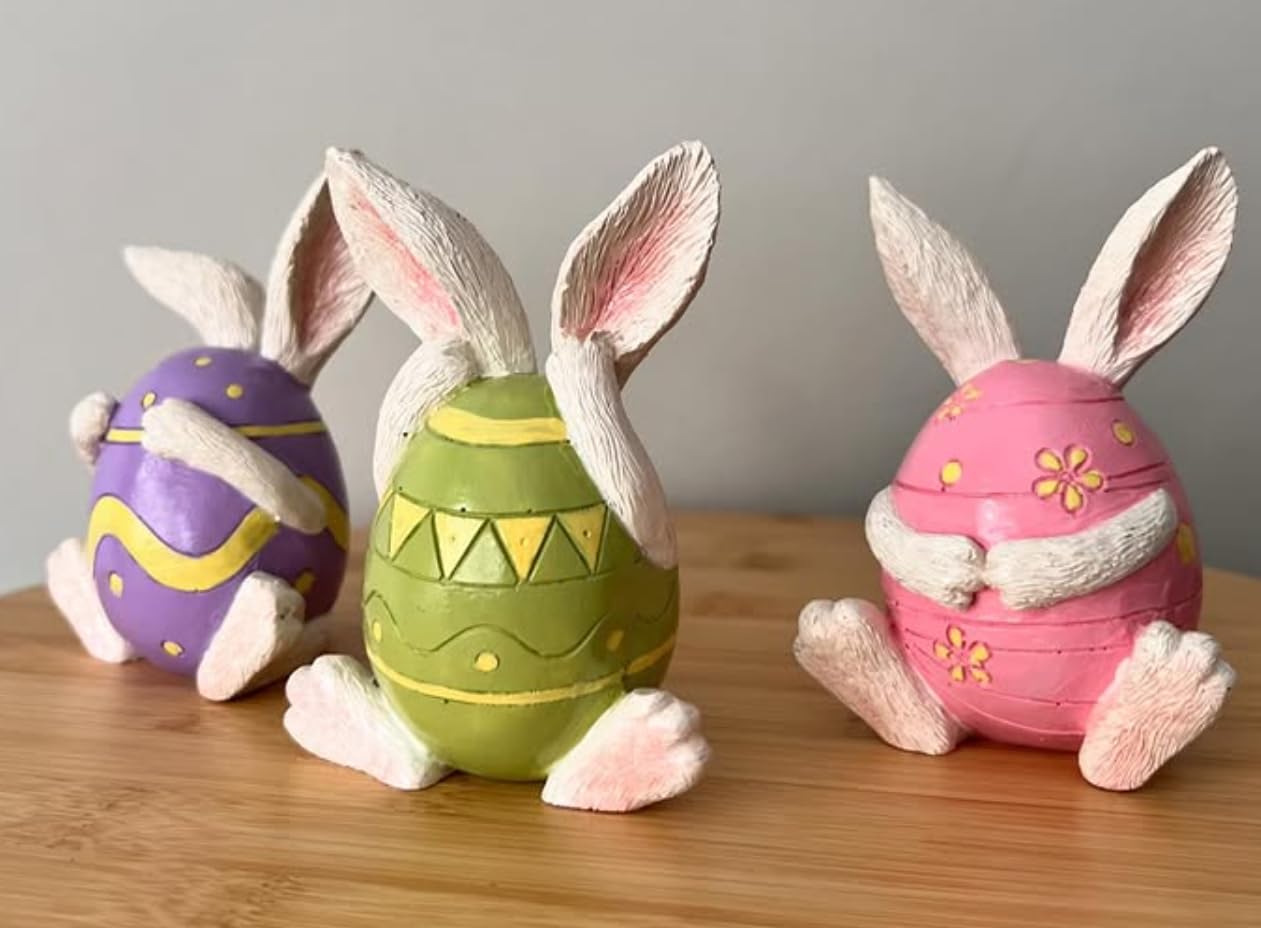 Set of 3 Easter Bunny Egg Figurines, Cute Hand Painted Polyester Bunny Decorations, Easter Bunny Decor, Bunny Egg Decor, Bunny in Eggshell, Easter Bunny Statue, Easter Bunny Decor