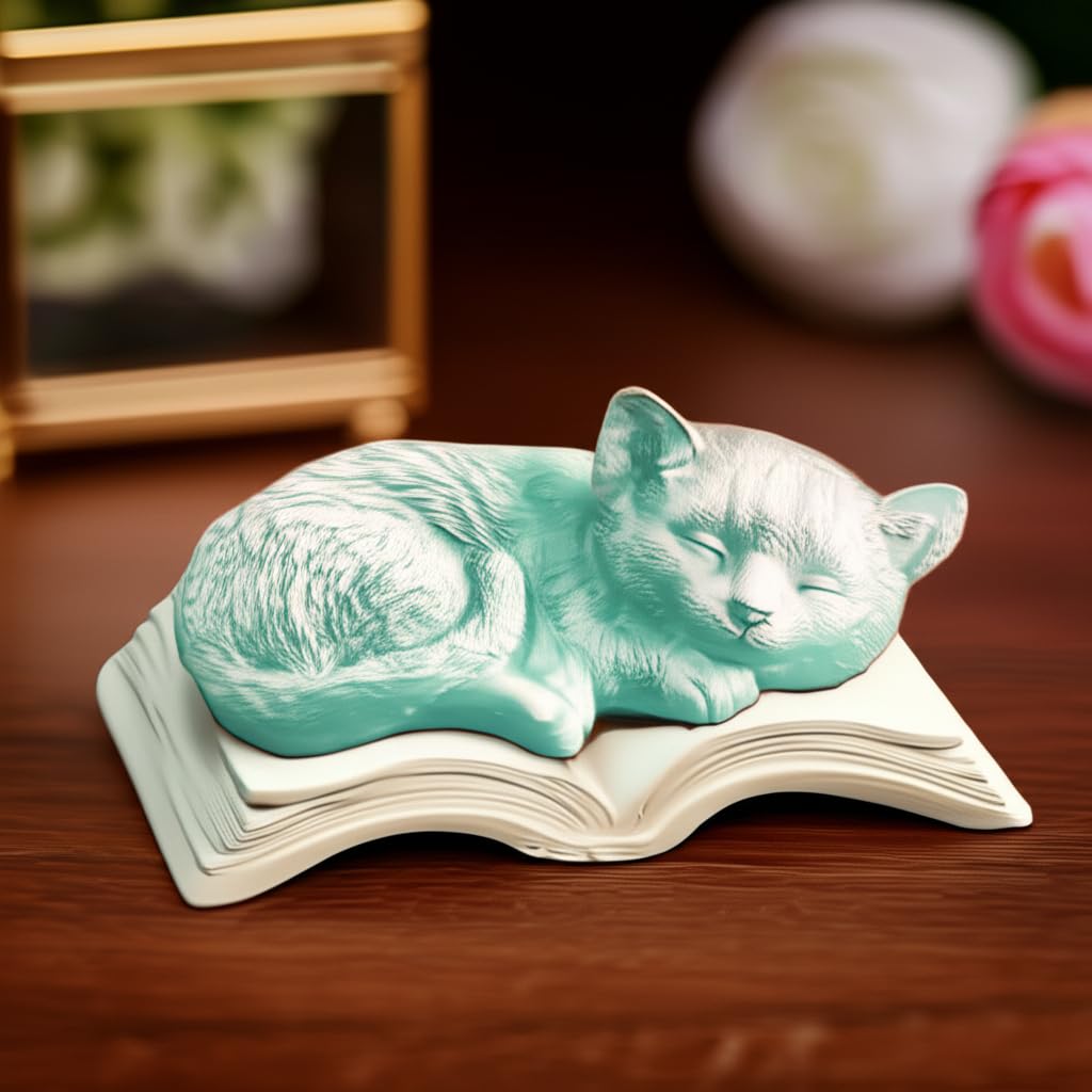 Sleeping Cat Statue on Book, Polyester Sleeping Kitten Sculpture on Book, Sleeping Cat on Book Statue, Cute Cat Figurine on Open Book