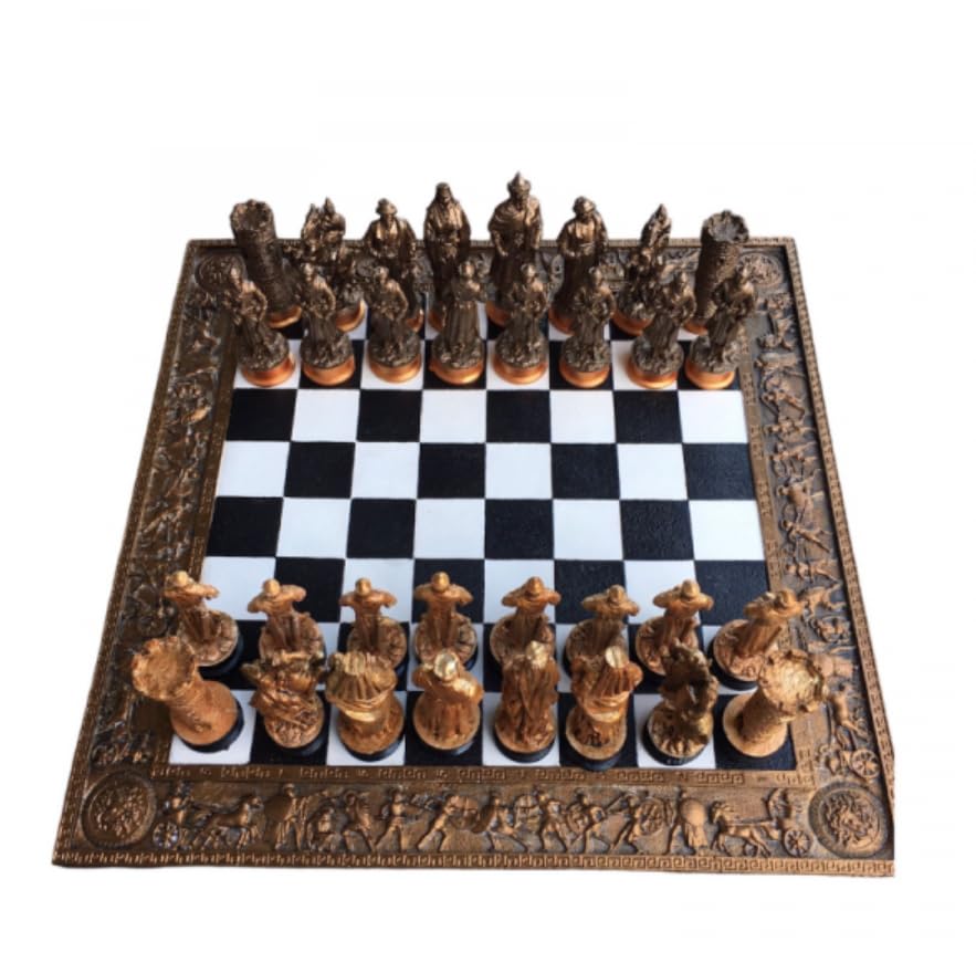 Historical Chess Set with Decorative Board, Medieval Chess Set with Detailed Warrior Pieces, Antique Look Chess Set with Medieval Figures