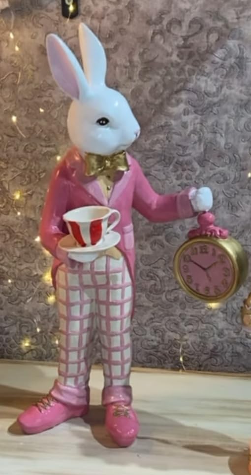 Alice in Wonderland Tea Time Rabbit Figurine, Rabbit Statue with Teacup & Clock, Rabbit Figurine, Wonderland Tea Party, Rabbit with Tea Cup