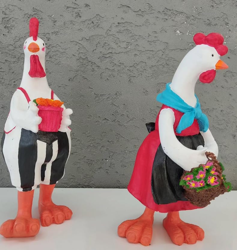 Farmhouse Chicken Decor, Charming Rooster and Hen Figurines Holding Flowers, Flower Holding Rooster, Cute Chicken Statues, Chicken Statue, Cockerel Decor, Cockerel Statue