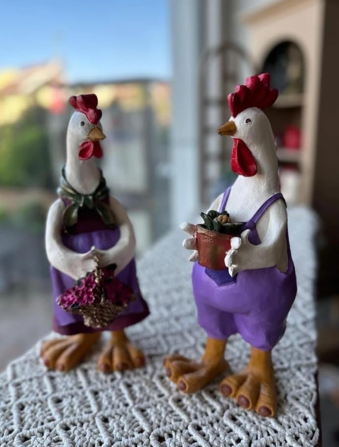 Farmhouse Chicken Decor, Charming Rooster and Hen Figurines Holding Flowers, Flower Holding Rooster, Cute Chicken Statues, Chicken Statue, Cockerel Decor, Cockerel Statue