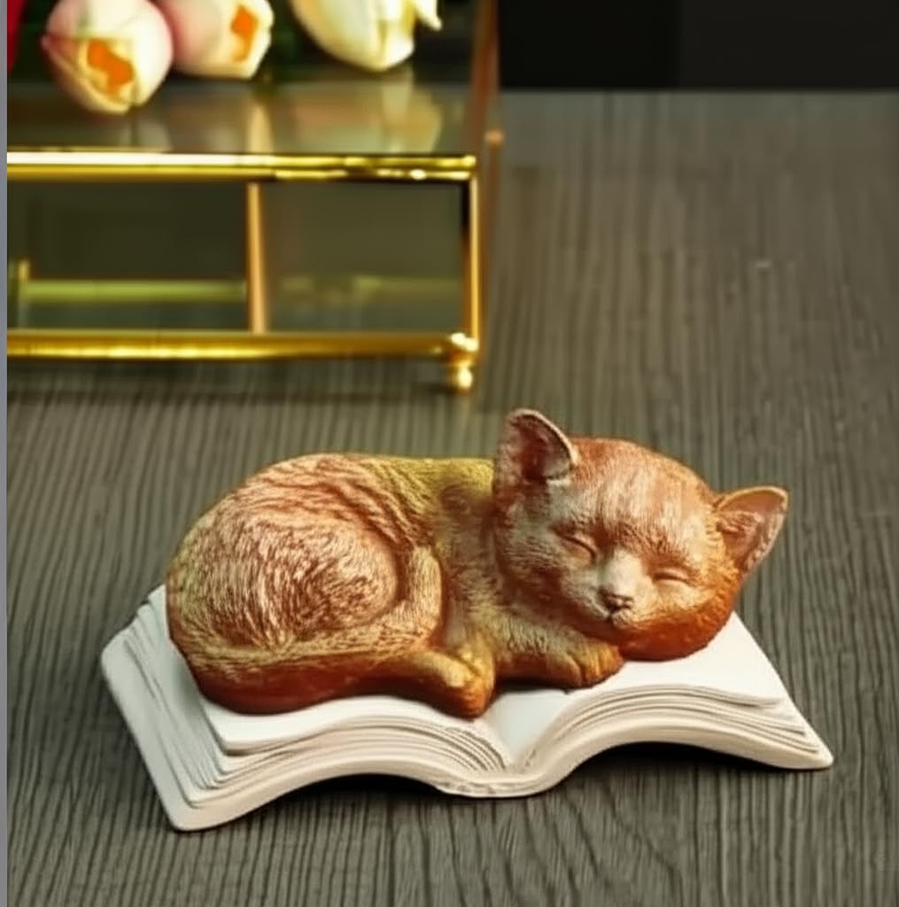 Sleeping Cat Statue on Book, Polyester Sleeping Kitten Sculpture on Book, Sleeping Cat on Book Statue, Cute Cat Figurine on Open Book