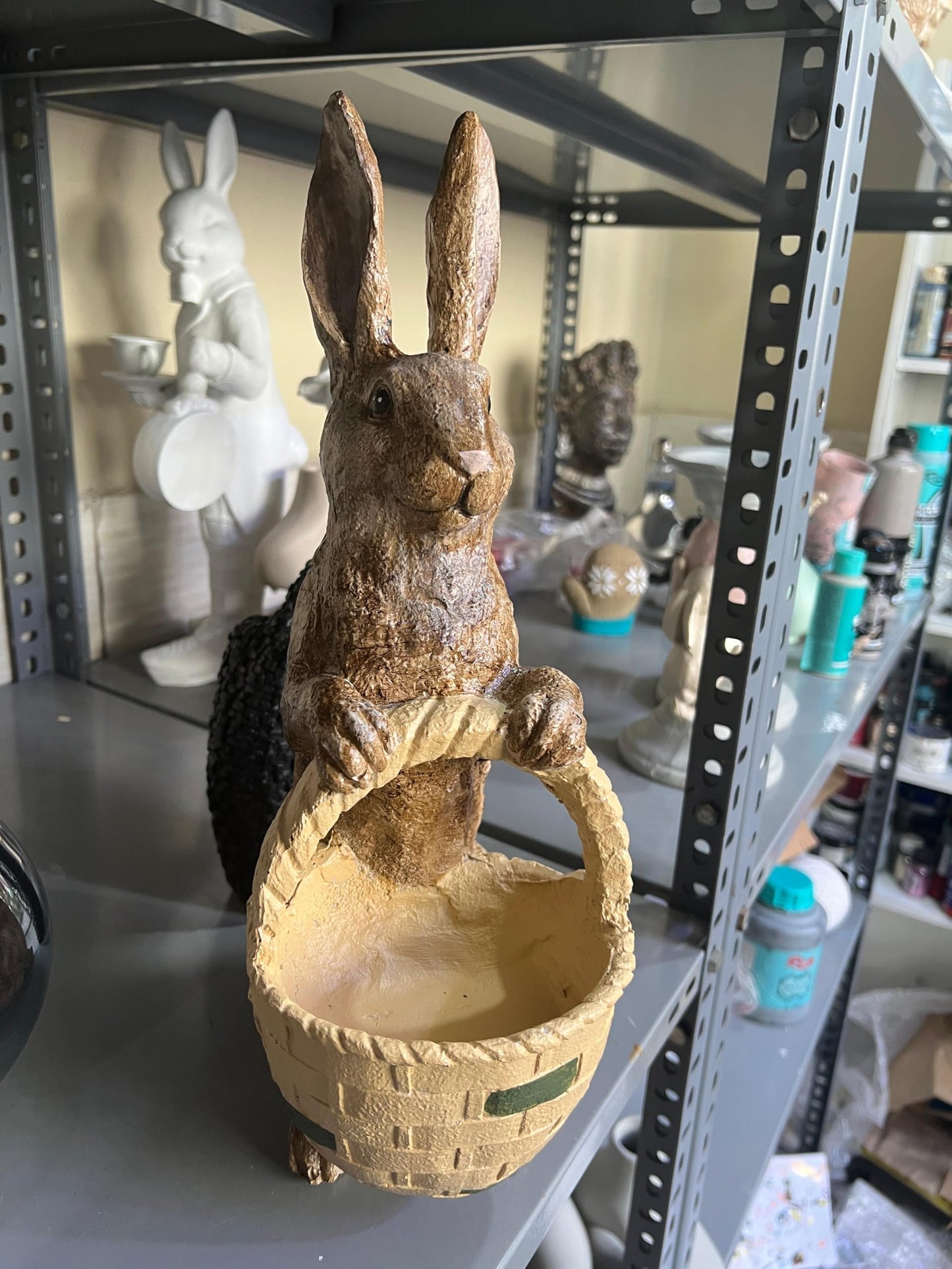 Rabbit Sculpture with Basket, Decorative Bunny Figurine, Easter Home Decor, Rabbit Sculpture, Bunny Decor with Basket, Easter Bunny Figurine, Easter Rabbit Sculpture