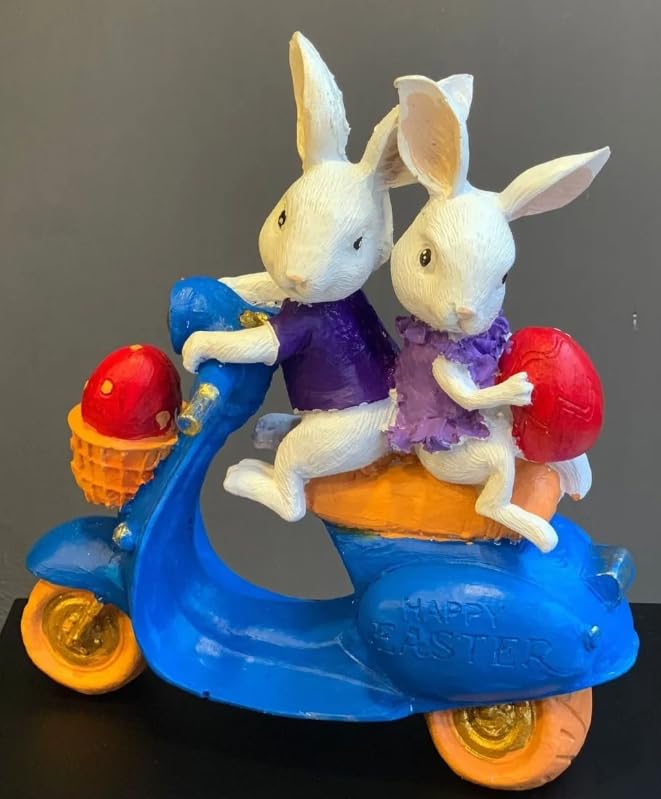 Bunny Couple Scooter Statue, Rabbits On A Vespa Decor, Whimsical Bunny Ornament,Rabbit Sculpture,Easter Rabbit Decor, Easter Bunny Decor, Easter Bunny Sculpture, Easter Rabbit Sculpture