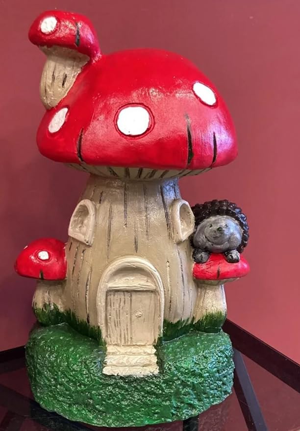 Whimsical Mushroom House Decor with Hedgehog, Toadstool House with Hedgehog, Mushroom Sculpture, Mushroom Statue with Hedgehog