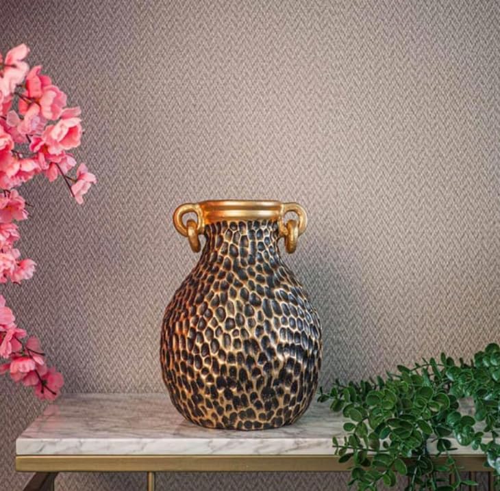 Textured Decorative Vase with Handles, Modern Rustic Vase, Unique Honeycomb Pattern Vase, Honeycomb Pattern Vase, Loop Handle Vase