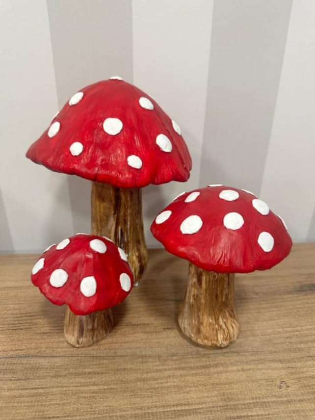 Set of 3 Red Toadstool Mushroom Statues, Mushroom Garden Decor, Toadstool Statue, Mushroom House Decor, Outdoor Mushroom Art, Mushroom Decor