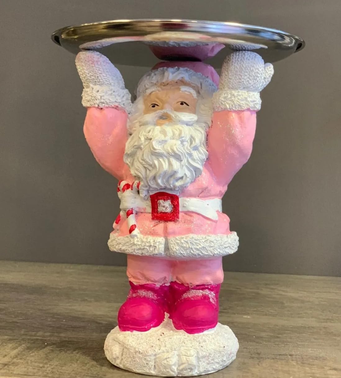Santa Claus Tray Holder, Holiday Serving Stand, Santa Figurine with Metal Tray for Snacks & Sweets, Christmas Decoration, Santa Sculpture, Santa Claus Tray