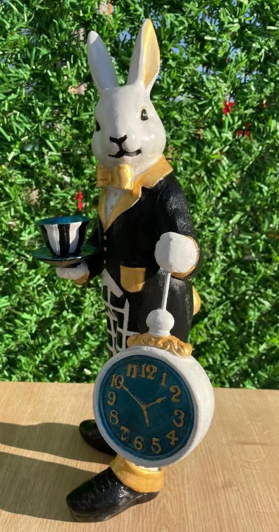 Alice in Wonderland Tea Time Rabbit Figurine, Rabbit Statue with Teacup & Clock, Rabbit Figurine, Wonderland Tea Party, Rabbit with Tea Cup