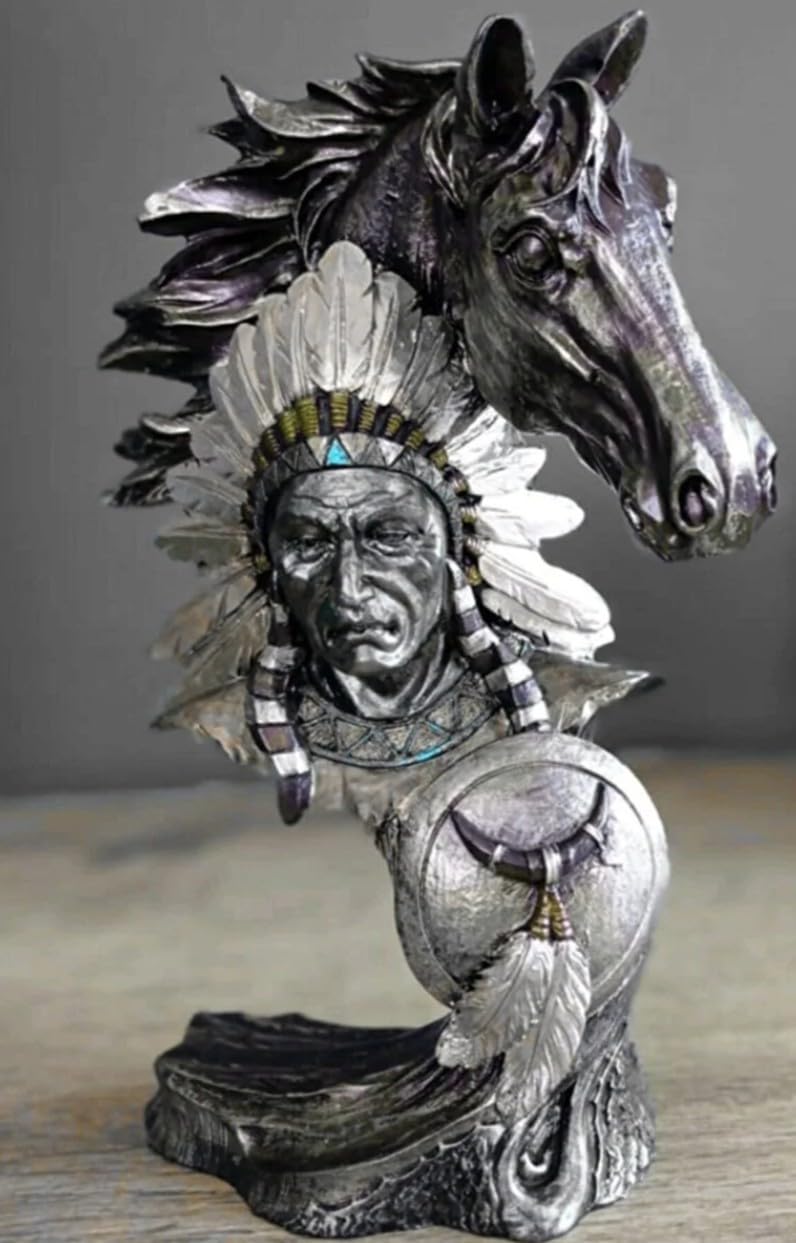 Native American Indian Chief and Horse Bust Sculpture, Western Decor, Native American Statue, Indian Chief Bust, Western Home Decor, Indian Chief Decor, Indian Chief Statue