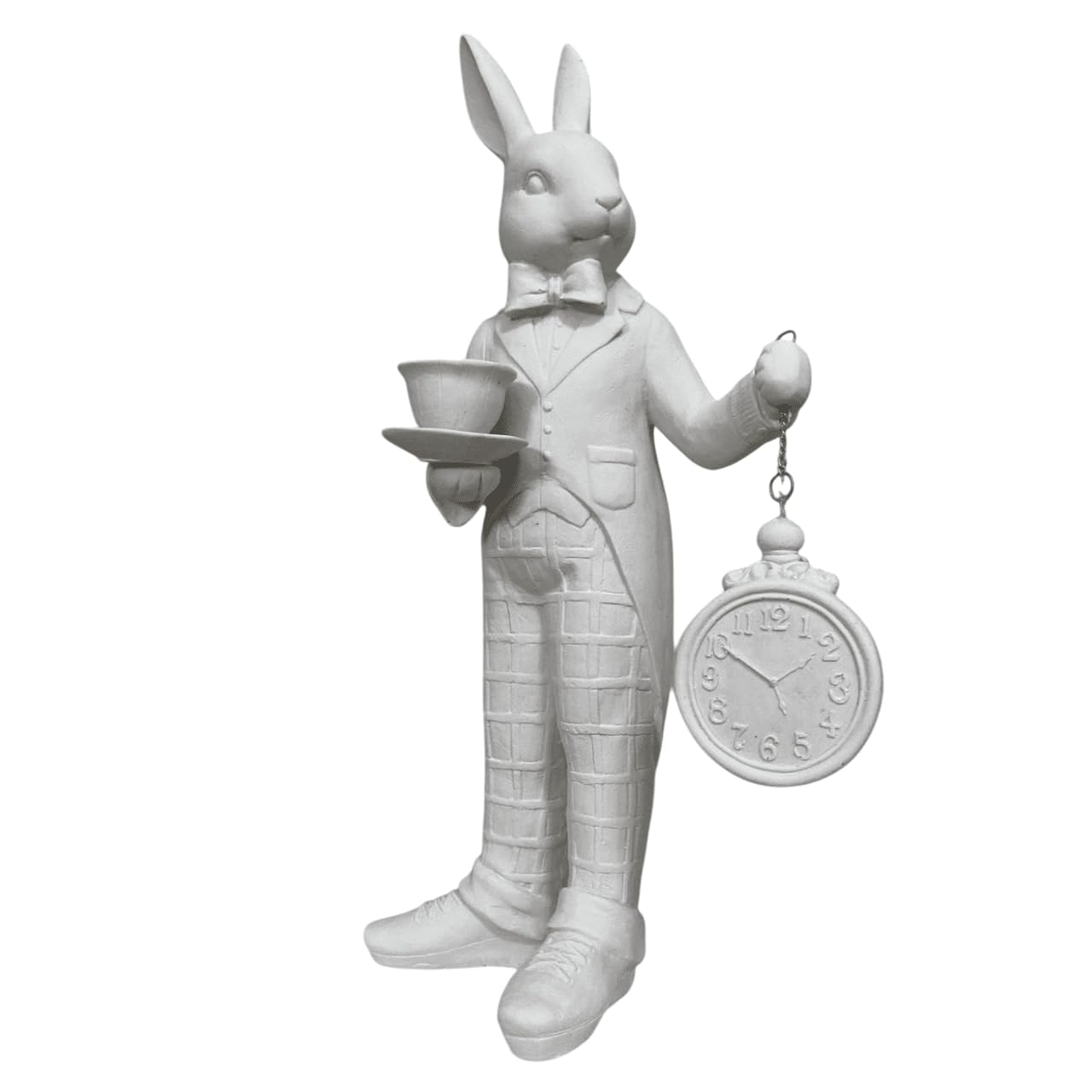 Alice in Wonderland Tea Time Rabbit Figurine, Rabbit Statue with Teacup & Clock, Rabbit Figurine, Wonderland Tea Party, Rabbit with Tea Cup