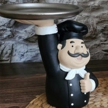 Chef Decor with Tray, Handmade Chef Decor with Tray, Handmade Chef Figurine with Tray, Handmade Chef Statue, Handmade Kitchen Chef Statue