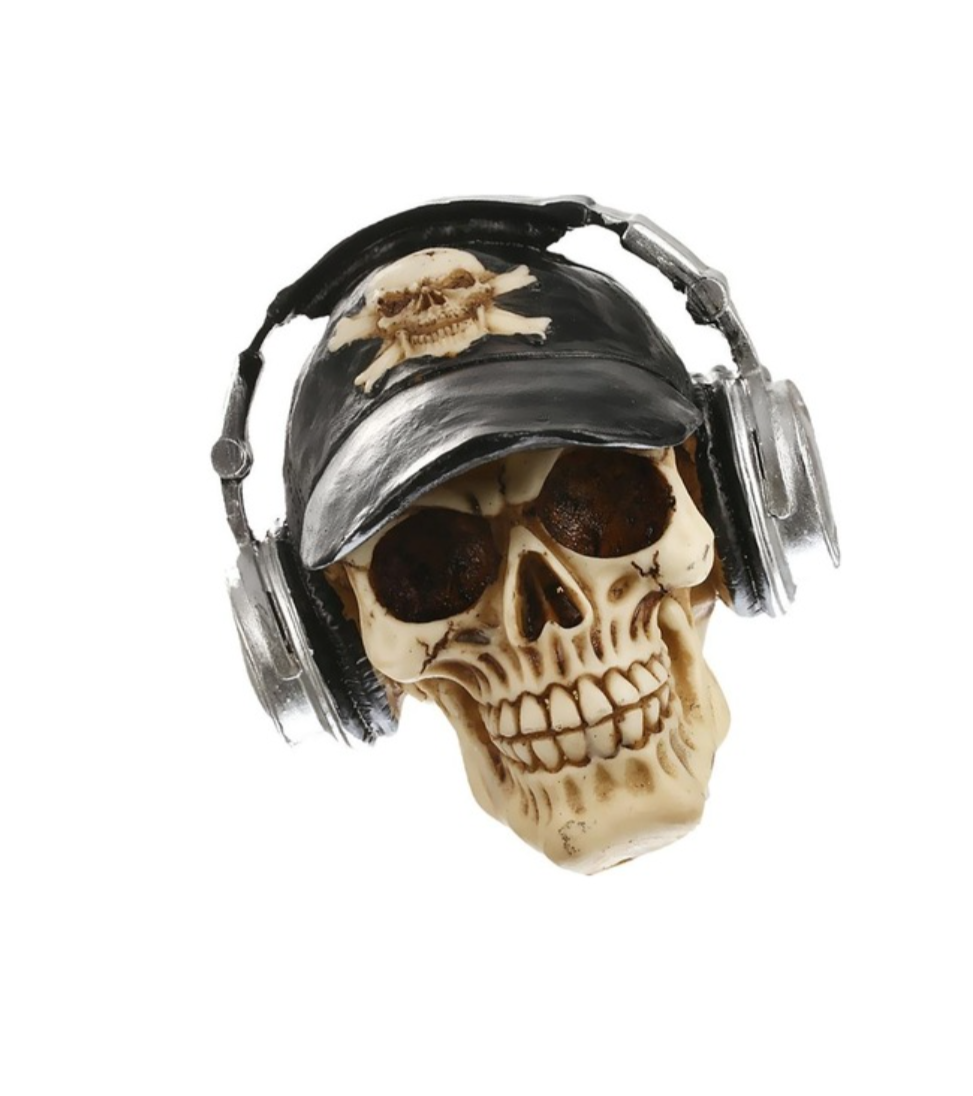 Handmade Skull Decor, Skull Sculpture, Skeleton Head Decor, Gothic Skull Statue, Halloween Skull Statue, Handmade Skull Headphones Statue
