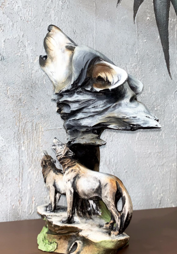 Howling Wolf Family Sculpture, Wolf Pack Statue, Wolf Head and Family Statue, Howling Wolf Head Statue, Spirit of the Wolf Pack Statue