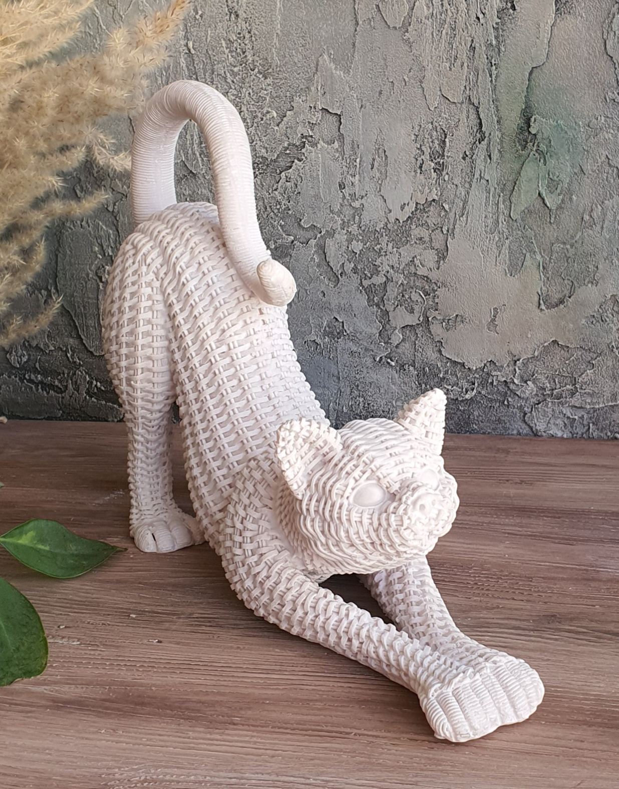 Handcrafted Woven Cat Statue, Textured Cat Figurine, Unique Woven Cat Sculpture, Realistic Woven Cat Statue, Elegant Woven Cat Sculpture