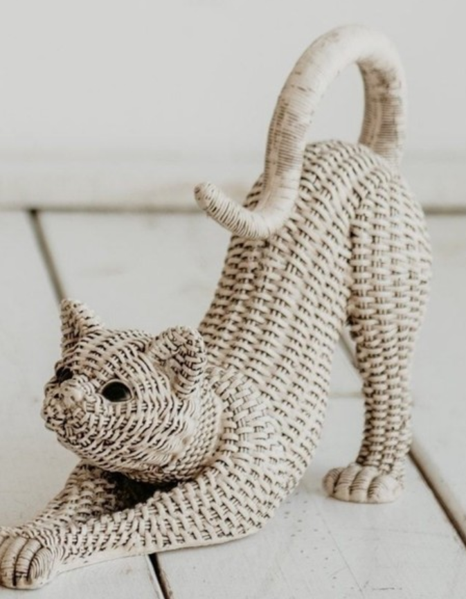 Handcrafted Woven Cat Statue, Textured Cat Figurine, Unique Woven Cat Sculpture, Realistic Woven Cat Statue, Elegant Woven Cat Sculpture