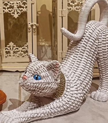 Handcrafted Woven Cat Statue, Textured Cat Figurine, Unique Woven Cat Sculpture, Realistic Woven Cat Statue, Elegant Woven Cat Sculpture