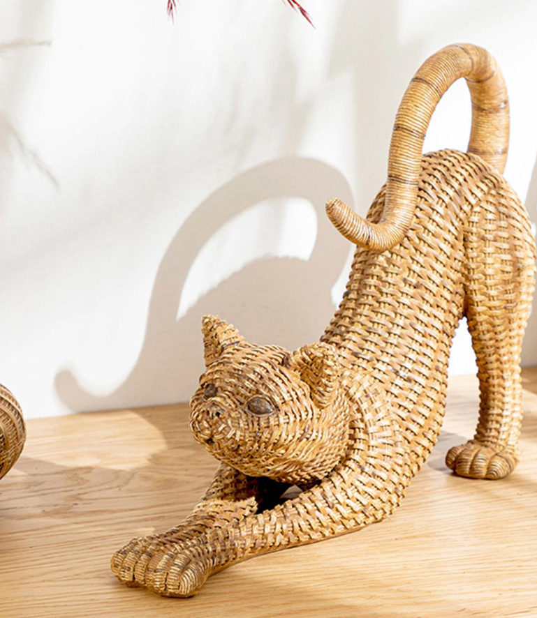 Handcrafted Woven Cat Statue, Textured Cat Figurine, Unique Woven Cat Sculpture, Realistic Woven Cat Statue, Elegant Woven Cat Sculpture