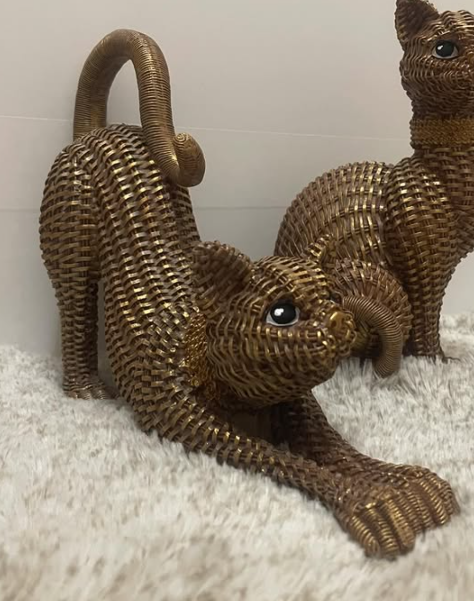 Handcrafted Woven Cat Statue, Textured Cat Figurine, Unique Woven Cat Sculpture, Realistic Woven Cat Statue, Elegant Woven Cat Sculpture