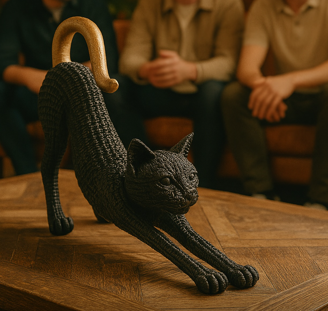 Handcrafted Woven Cat Statue, Textured Cat Figurine, Unique Woven Cat Sculpture, Realistic Woven Cat Statue, Elegant Woven Cat Sculpture