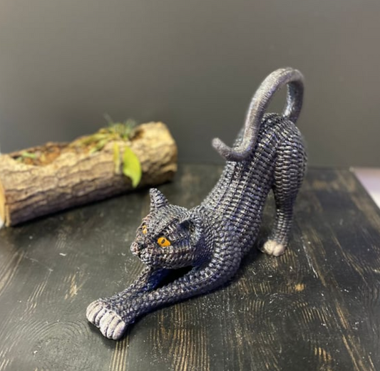 Handcrafted Woven Cat Statue, Textured Cat Figurine, Unique Woven Cat Sculpture, Realistic Woven Cat Statue, Elegant Woven Cat Sculpture
