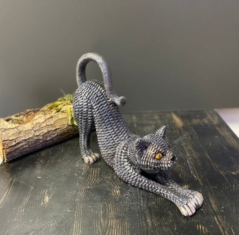 Handcrafted Woven Cat Statue, Textured Cat Figurine, Unique Woven Cat Sculpture, Realistic Woven Cat Statue, Elegant Woven Cat Sculpture