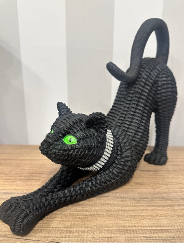 Handcrafted Woven Cat Statue, Textured Cat Figurine, Unique Woven Cat Sculpture, Realistic Woven Cat Statue, Elegant Woven Cat Sculpture