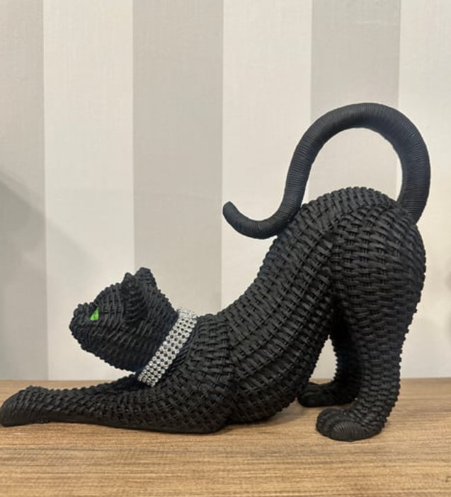 Handcrafted Woven Cat Statue, Textured Cat Figurine, Unique Woven Cat Sculpture, Realistic Woven Cat Statue, Elegant Woven Cat Sculpture