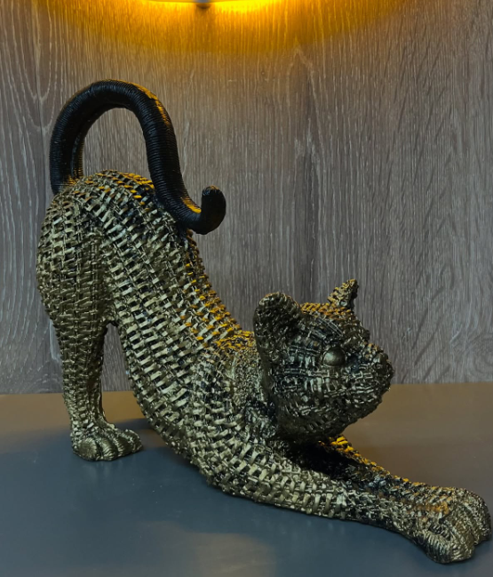 Handcrafted Woven Cat Statue, Textured Cat Figurine, Unique Woven Cat Sculpture, Realistic Woven Cat Statue, Elegant Woven Cat Sculpture
