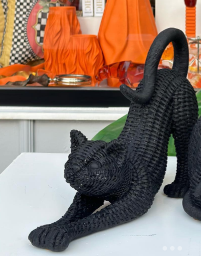 Handcrafted Woven Cat Statue, Textured Cat Figurine, Unique Woven Cat Sculpture, Realistic Woven Cat Statue, Elegant Woven Cat Sculpture