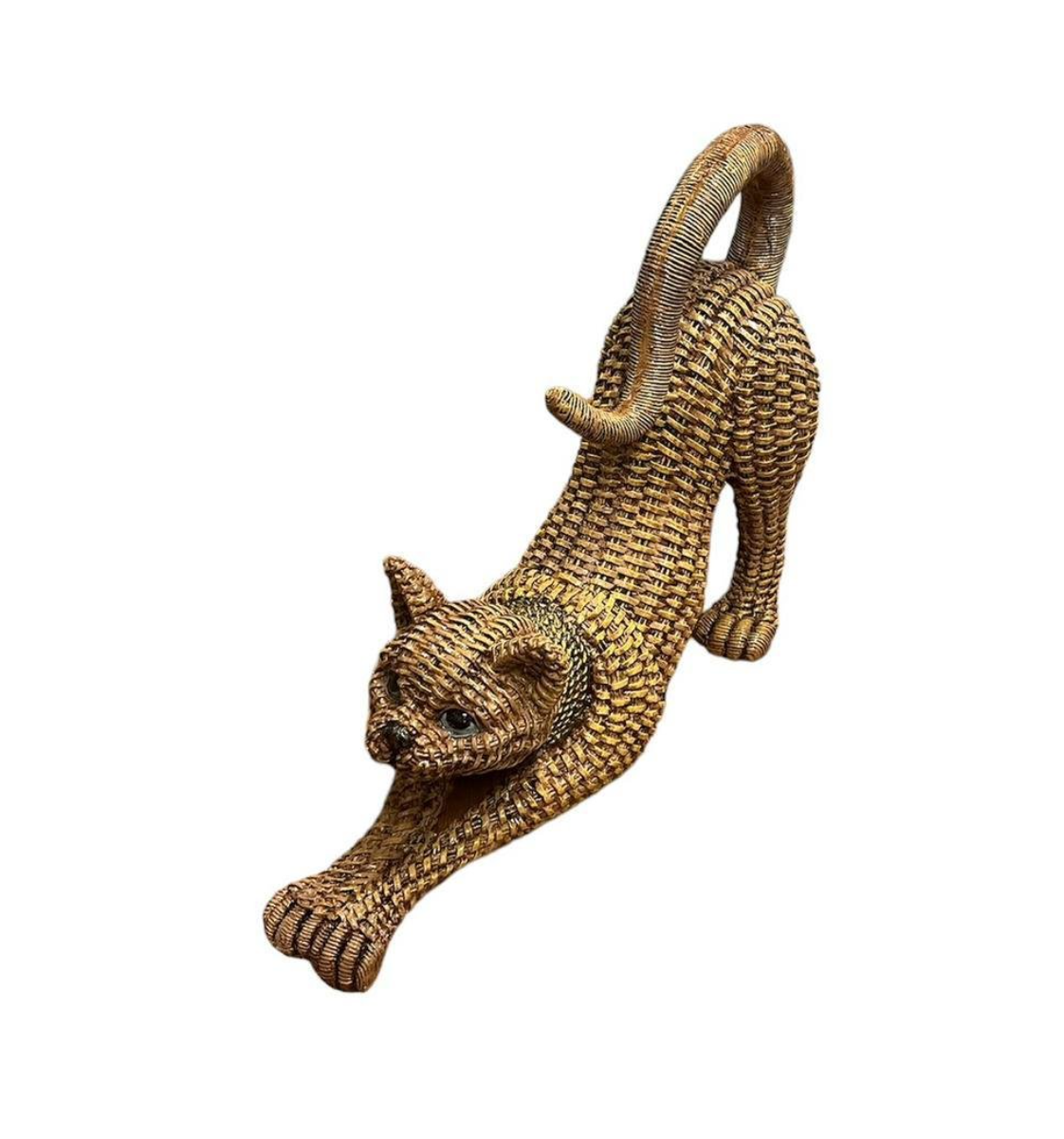 Handcrafted Woven Cat Statue, Textured Cat Figurine, Unique Woven Cat Sculpture, Realistic Woven Cat Statue, Elegant Woven Cat Sculpture