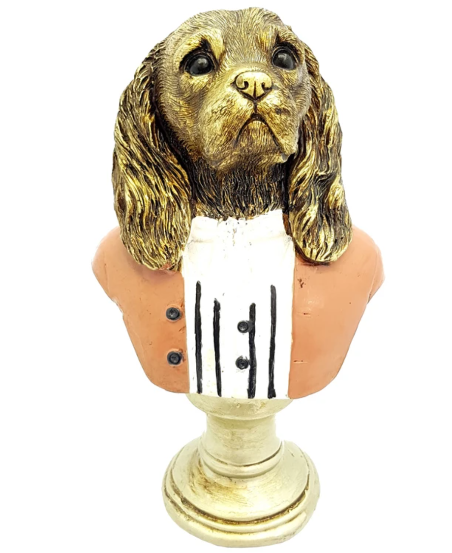 Viktorianische Hundebüste mit Schal, Hundeskulptur mit Schal, Polyester-Hundestatue in Mantel und Schal, Aristokratische Hundebüste