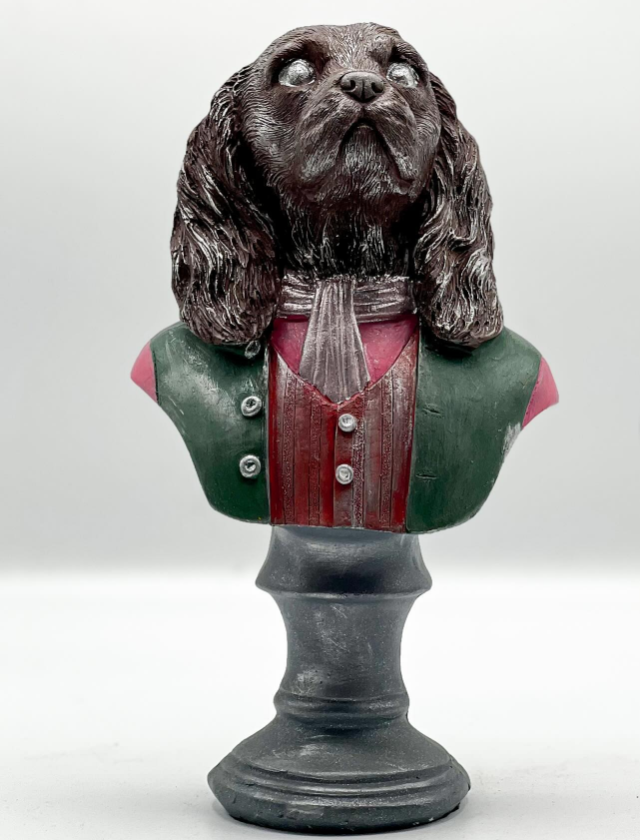 Viktorianische Hundebüste mit Schal, Hundeskulptur mit Schal, Polyester-Hundestatue in Mantel und Schal, Aristokratische Hundebüste
