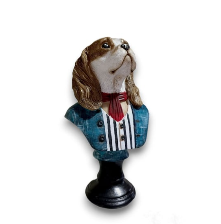 Viktorianische Hundebüste mit Schal, Hundeskulptur mit Schal, Polyester-Hundestatue in Mantel und Schal, Aristokratische Hundebüste