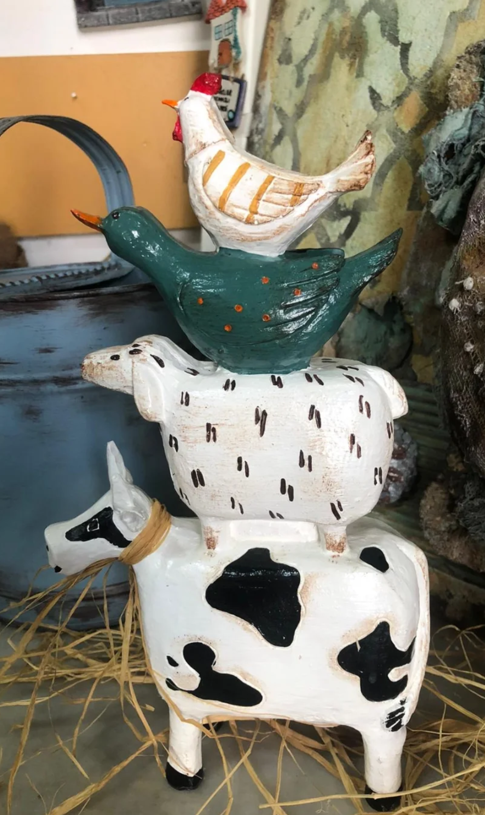 Farm Animals Stacked Statue, Colorful Stacked Farm Animal Statue, Farmhouse Style Stacked Animal Sculpture, Farm Animal Tower Figurine