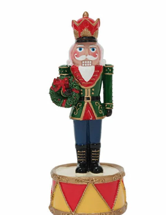 Christmas Tin Soldier Figurine, Nutcracker Tin Soldier Holding Gift on Drum, Festive Tin Soldier Decor, Polyester Tin Soldier Statue