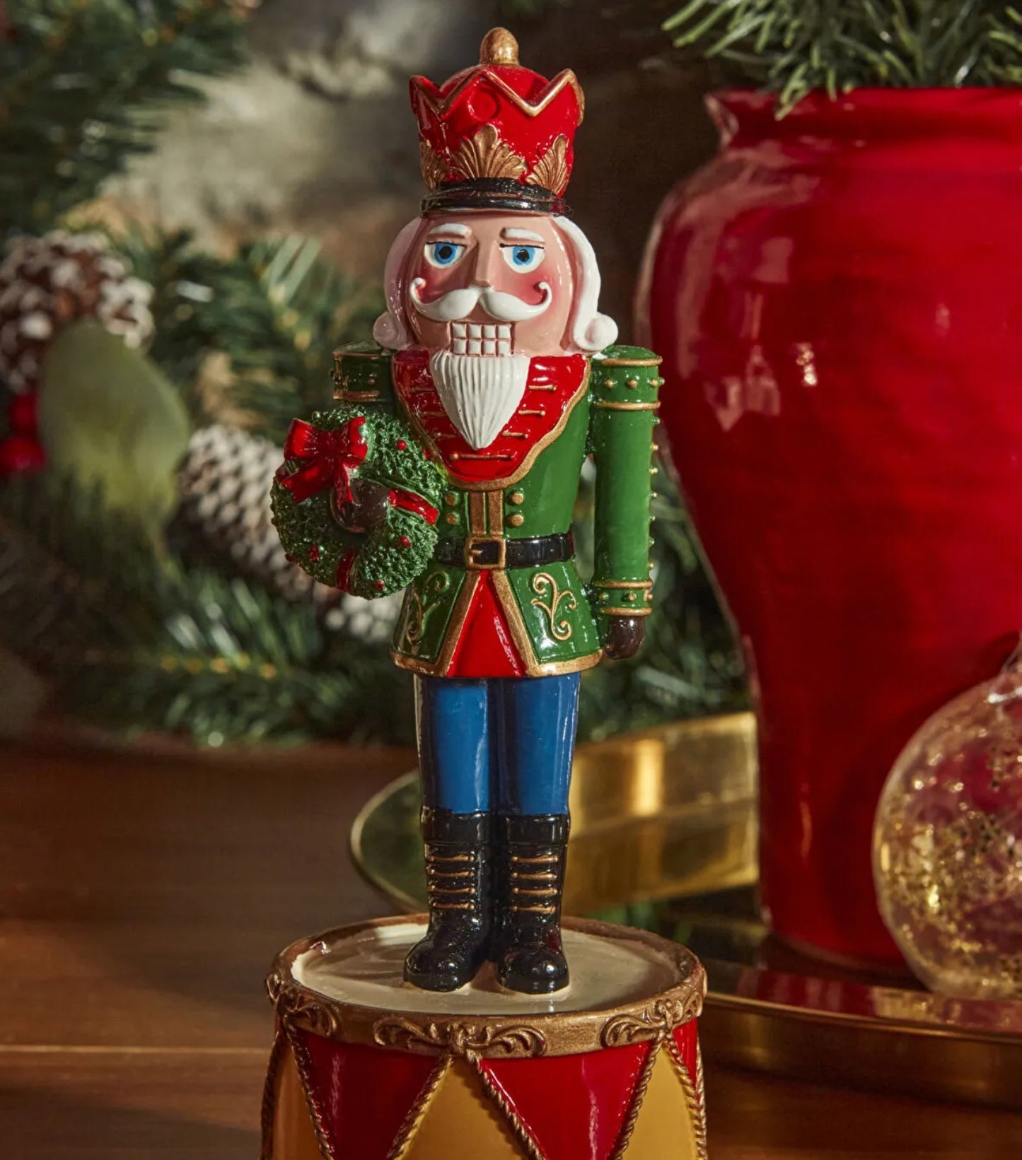 Christmas Tin Soldier Figurine, Nutcracker Tin Soldier Holding Gift on Drum, Festive Tin Soldier Decor, Polyester Tin Soldier Statue