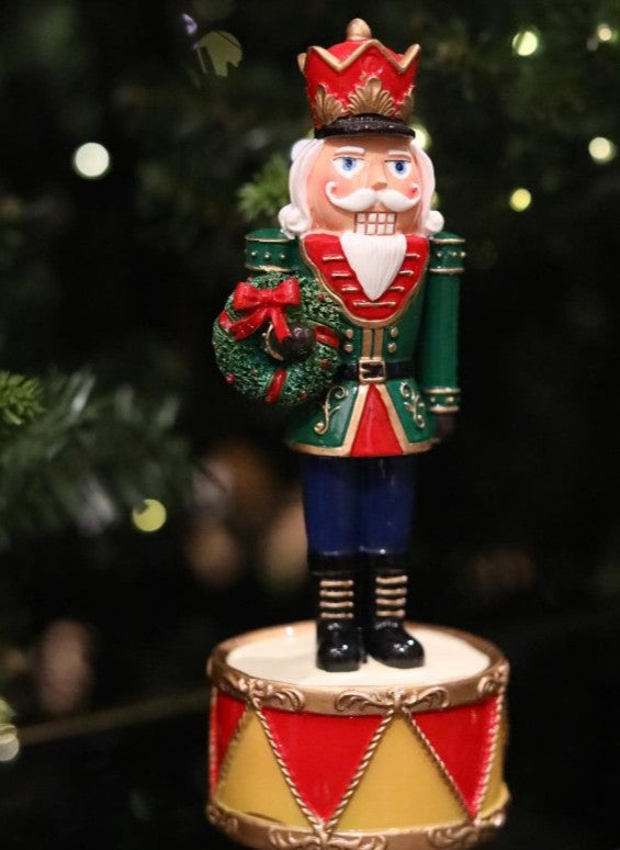 Christmas Tin Soldier Figurine, Nutcracker Tin Soldier Holding Gift on Drum, Festive Tin Soldier Decor, Polyester Tin Soldier Statue