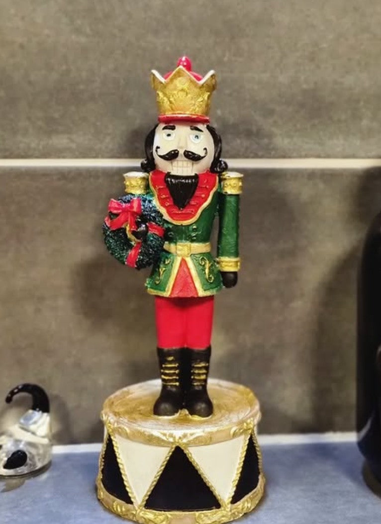 Christmas Tin Soldier Figurine, Nutcracker Tin Soldier Holding Gift on Drum, Festive Tin Soldier Decor, Polyester Tin Soldier Statue