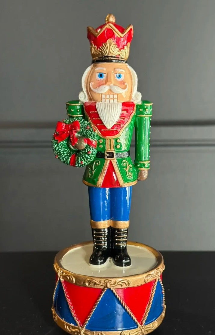 Christmas Tin Soldier Figurine, Nutcracker Tin Soldier Holding Gift on Drum, Festive Tin Soldier Decor, Polyester Tin Soldier Statue