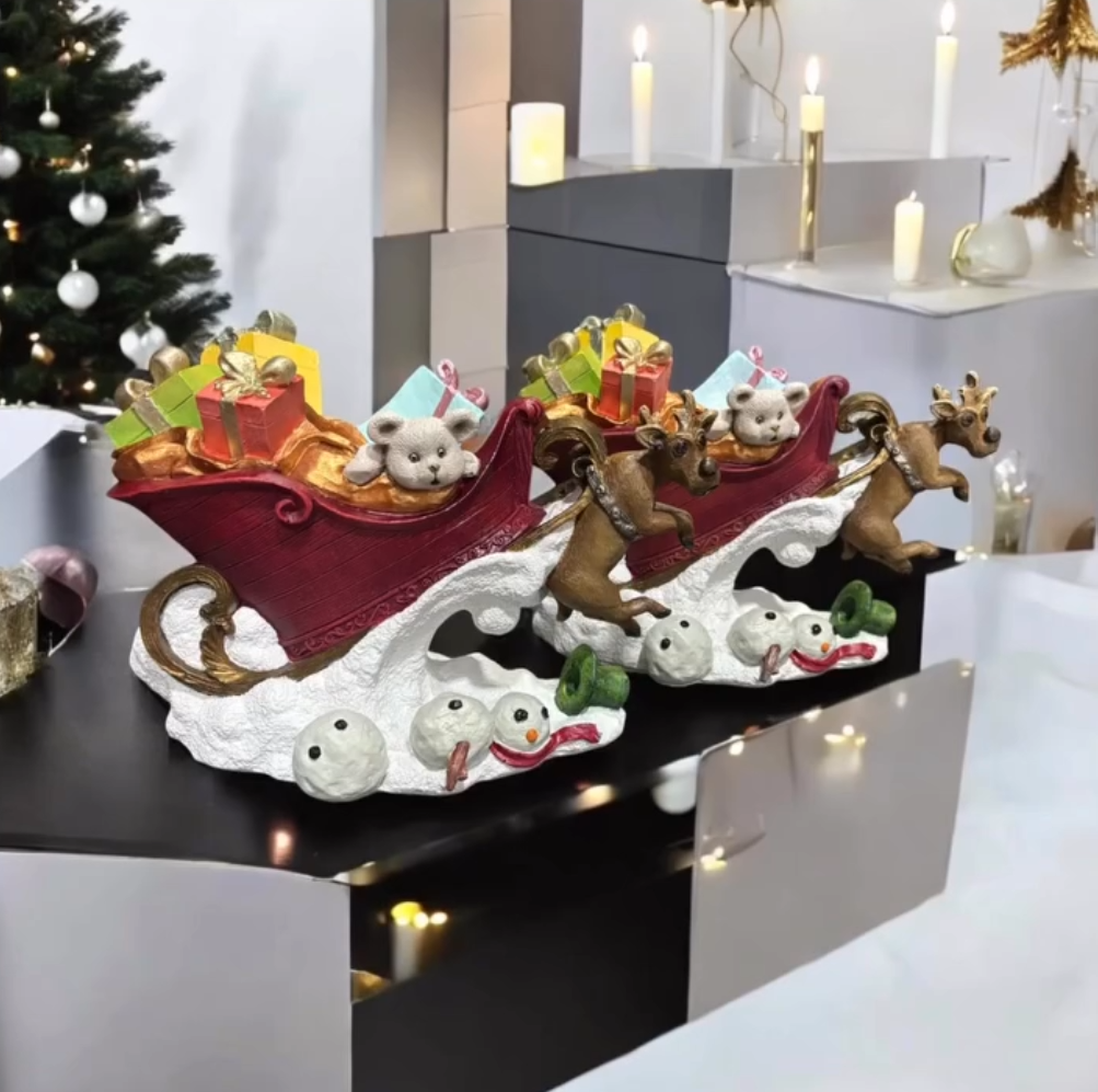 Sleigh and Deer Decor, Reindeer Sleigh Decorative Statue, Santa Sleigh with Deer Figurine, Reindeer Sleigh Statue, Sleigh with Deer Statue
