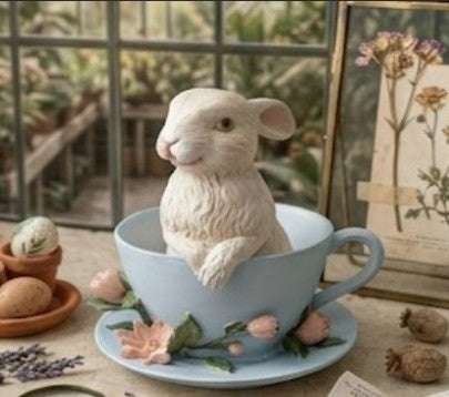 Handmade Rabbit Decor in Teacup Bunny Figurine, Polyester Spring Table Decoration, Easter Rabbit Sculpture