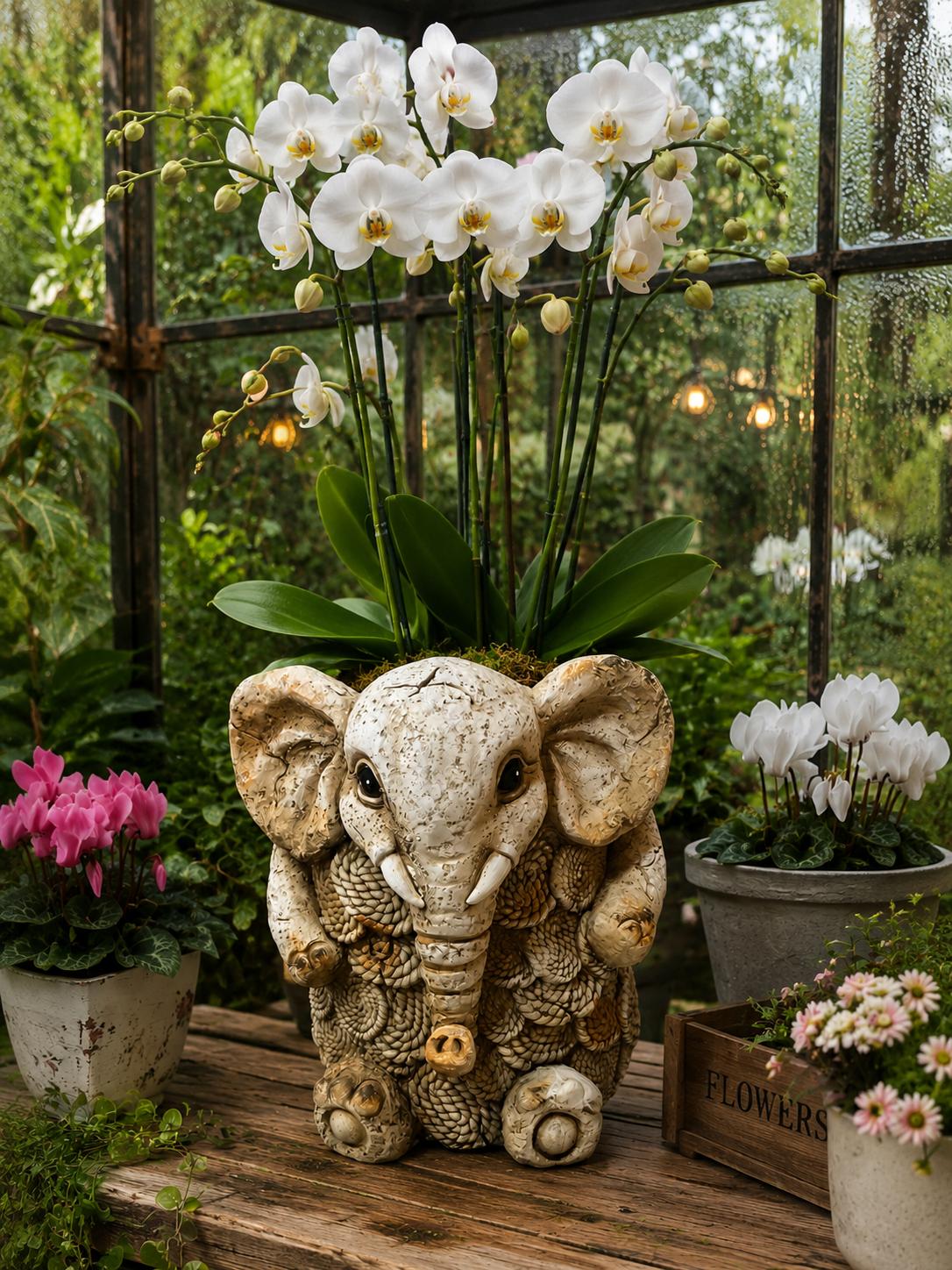 Elephant Planter Vase, Decorative Flower Pot, Polyester Elephant Sculpture, Animal Decor