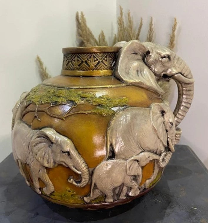 Elephant Vase, Handcrafted Safari Decor, Wildlife Art Decor, Elephant Handle Vase, Exotic Home Decor, Elephant Vase Decor, African Vase, Wildlife Vase