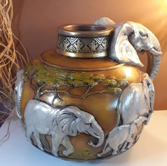 Elephant Vase, Handcrafted Safari Decor, Wildlife Art Decor, Elephant Handle Vase, Exotic Home Decor, Elephant Vase Decor, African Vase, Wildlife Vase