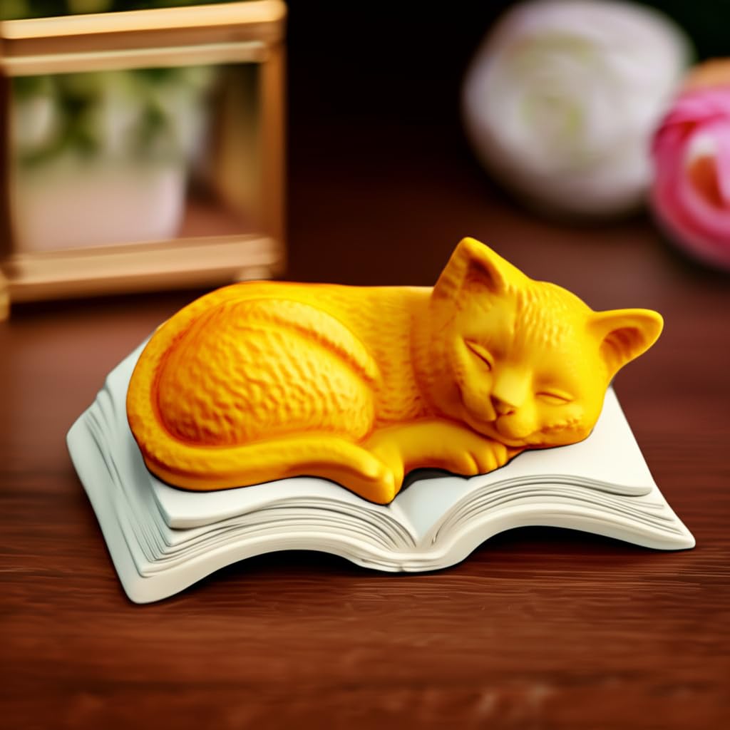 Sleeping Cat Statue on Book, Polyester Sleeping Kitten Sculpture on Book, Sleeping Cat on Book Statue, Cute Cat Figurine on Open Book