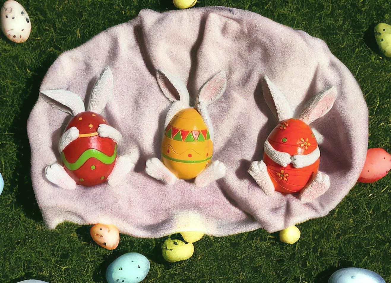 Set of 3 Easter Bunny Egg Figurines, Cute Hand Painted Polyester Bunny Decorations, Easter Bunny Decor, Bunny Egg Decor, Bunny in Eggshell, Easter Bunny Statue, Easter Bunny Decor